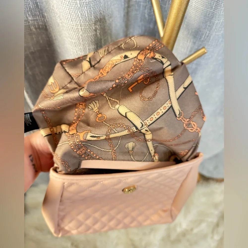 Blush Pink Square Quilted Convertible Backpack Purse with gold hardware